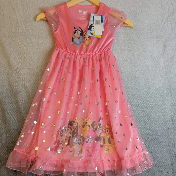 Pajamas Dress Bluey Bingo and Friends Toddler Girl's Pink Satinet Nightgown 6T - Picture 8 of 8